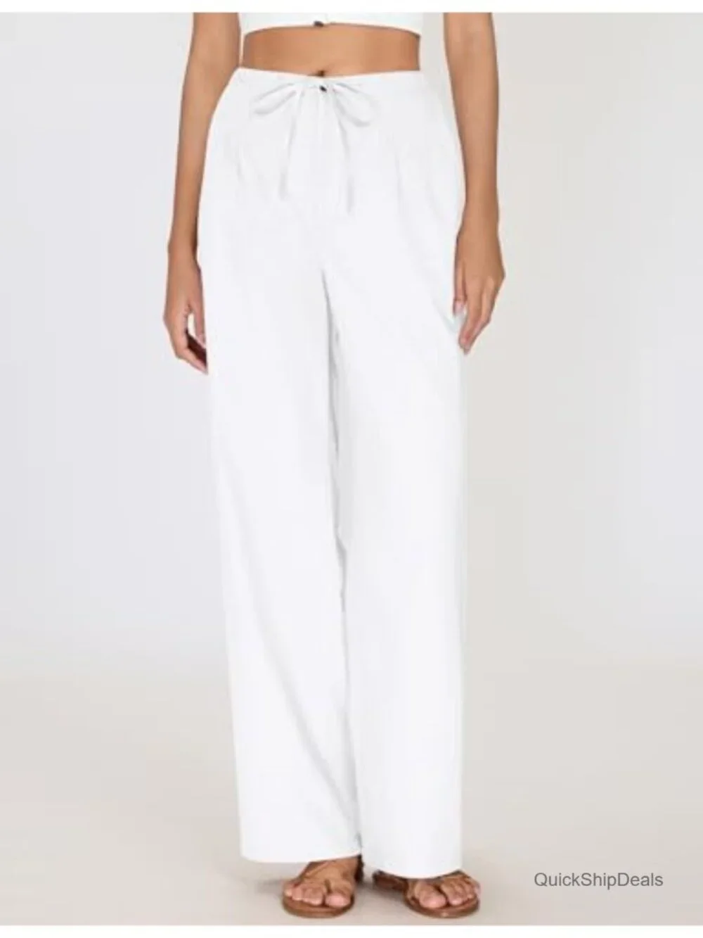 Linen Cotton Pants Wide Leg Drawstring Elastic Waist Casual Trousers with - Picture 3 of 6